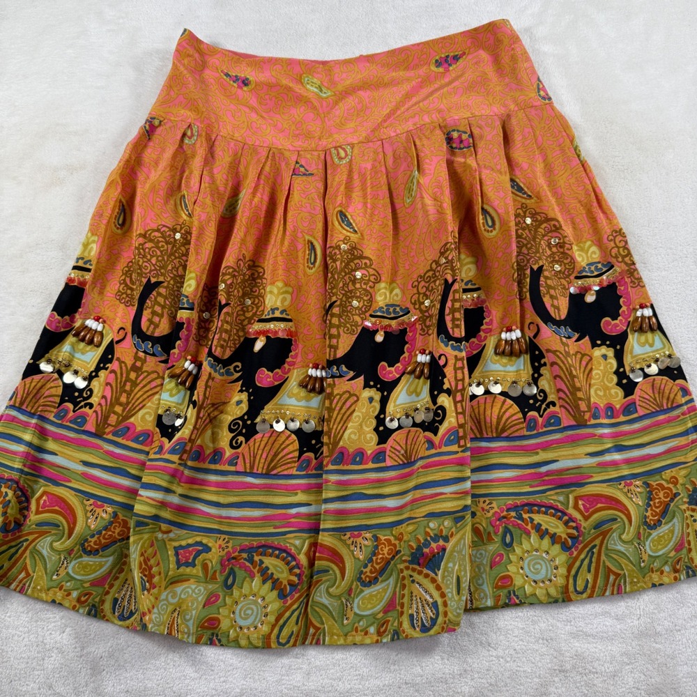 Nanette Lepore Silk Elephant Paisley Beaded Sequin Skirt Pink Orange Womens 4